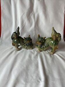 Vintage Set Of 2 Chinese Ceramic Green Temple Foo Dog Figurines Preowned Vgc 
