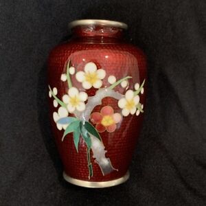 Japanese Pigeon Blood Red Enamel Cloisonne Vase Cherry Blossoms Bamboo Motif