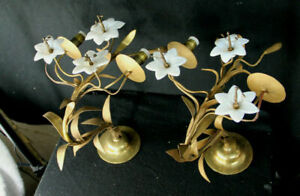 Pair Large Antique French Religious Church Brass Opaline Lily Flower Sconces