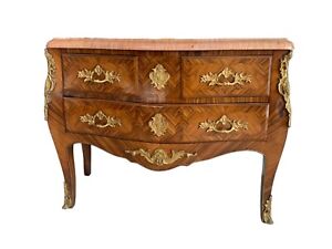 Marquetry French Bombe Inlaid Chest Of 3 Drawers Louis Xv With Cream Marble Top