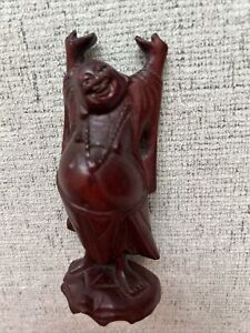 Vintage Hand Carved Rose Wood 5 Happy Laughing Arms Raised Lucky Buddha Figure