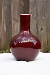 Chinese 19c Sang De Beouf Ox Blood Red Bottle Vase Tianqiuping 33cm Tall