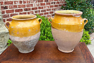 Antique French Country Pair Confit Pots Pottery Jugs Glazed Ochre Yellow Large