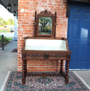 French Antique Louis Xiii Oak Marble Top Dresser Washstand Vanity