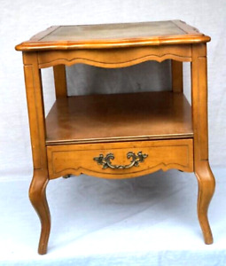 Vintage Hammary French Country Leather Top End Table Nightstand Shelf Drawer