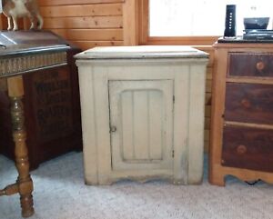 Antique Wainscot Wood Dry Sink Buttercream Paint Early Primitive Wooden Cabinet