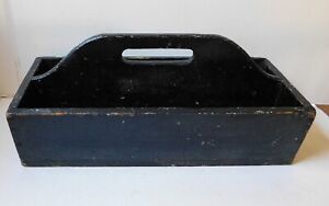 Vintage Primitive Black Painted Wood Tool Tote Handled Carrier Divided 20 X 9 