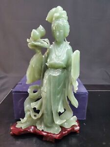 A Finely Carved Large Chinese Antique Jade Guanyin On Stand H 13 