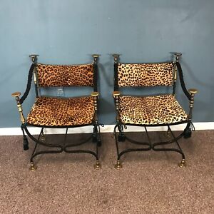Pair Of Early 20th C Wrought Iron Brass Savonarola Chair In Hide Upholstery