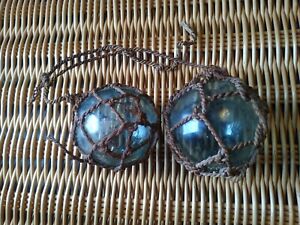 Antique Japanese Glass Fishing Balls Floats In Original Rope Netting