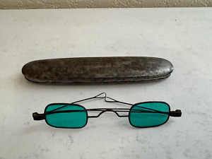Antique Blue Tinted Spectacles Eyeglasses W Tin Metal Case Adjustable Temples