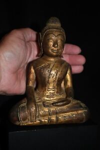 Antique Late 19c Seated Mounted Wood Buddha Figure From Thailand