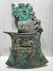 Chinese Bronze Axe Yue Inlays Turquoise Dragon Tiger Beast Face Sacrifice Weapon