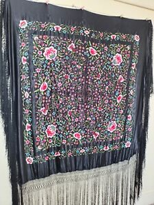 Vintage Chinese Silk Embroidery Piano Fringe Shawl Floral Needlework Scarf 553