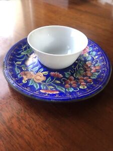 Chinese Enameled Brass Saucer Dish With White Glazed Cup