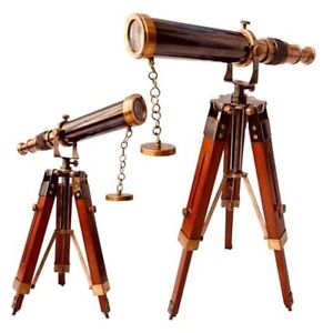 Decorative Brass Telescope 9 With Wood Tripod Stand Vintage Single Barrel 10 