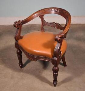 French Antique Renaissance Revival Oak Leather Arm Chair Carved Wood