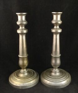 Pr French Empire Bronze Candlesticks W Tapered Columns Silver Plating 11 T 