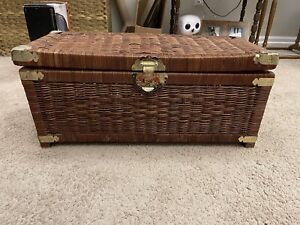 Chinoiserie Wicker Blanket Chest Trunk With Brass Hardware Eagles Carved