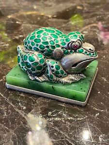 Russian Silver 88 Enamel Nephrite Jade Figurine Of Frog Symbol Of Good Luck 