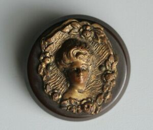 Antique Victorian Woman Portrait Metal Early Plastic Button 1 3 4 