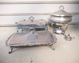 Large Vintage Set Silver Plate Chafing Dish Warmer Set Silver Plate Serving Tray