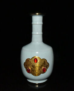 Chinese Ru Kiln Celadon Porcelain Handpainted Exquisite Set Gems Vase 10826