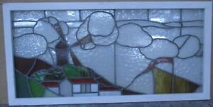 Old English Leaded Stained Glass Window Windmill Scene Transom 43 1 2 X 21 1 4 