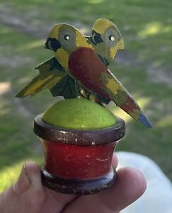 Small Antique Wood Figural Parrot Seeing Needle Pin Cushion