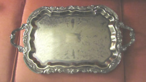 F B Rogers Silver Plate Handled Footed Ornate Serving Butlers Tray 25 X14 