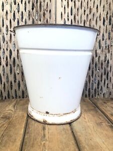 Vintage French White Rustic Enamel Milking Bucket Garden Planter Tub