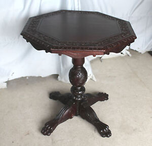 Antique Carved Mahogany Lamp Small Table Carved Top