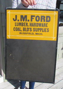 Vintage Original C1918 J M Ford Lumber Hardware Coal Sign Blissfield Mich