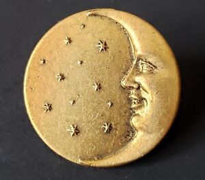 Man In The Moon Face Vintage Button With Stars Brass Metal