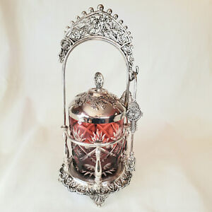Victorian Cranberry Glass Cut To Clear Pickle Castor With Tongs 11 Inches Tall