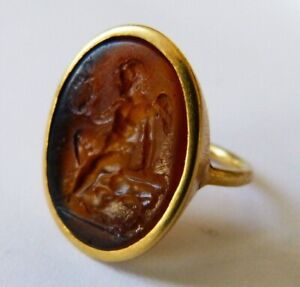 Antique Rare Ancient Ring Pure Gold Vintage Greek Carnelian Glass Intaglio Cameo
