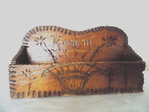 Antique Tramp Art Pyro Design Name Flower Basket Wood Letter Box
