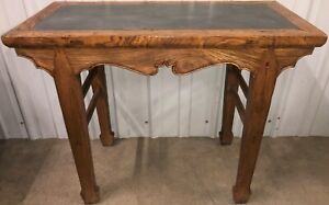 A Chinese Qing Style Table Desk With Slate Stone Top Natural Finish Elm Wood
