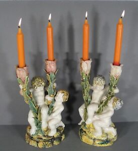 Pair Candle Sticks Holders Antique Porcelain Polychrome Pattern Putti Cherubs