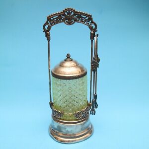 Antique Victorian Fancy Ornate Pickle Castor Vaseline Uranium Glass W Lid