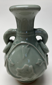 Vintage Chinese Celadon Green Amphora Ring Vase Lotus Vine Glazed Ceramic