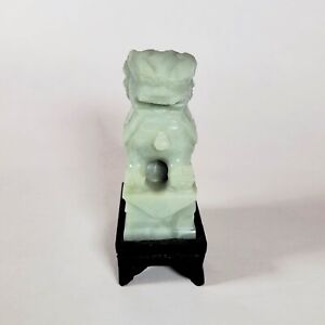 Celadon Jade Foo Dog Figurine On A Wood Stand Vintage Chinese