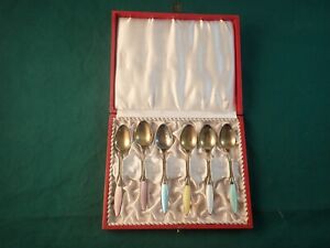 Sterling Silver Denmark Frigast Demitasse Enamel Spoon Set Pastel Gold Washed