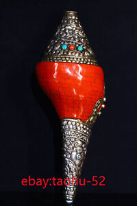 12 7 Old Tibetan Buddhist Temple Natural Conch Inlaid With Ruby Red By Hand