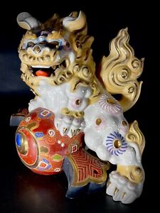 Japanese Kutani Foo Dog Lion Komainu Shishi On Magic Hammer Porcelain 30cm
