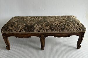 Antique Belgium Carved Wooden Footstool New Upholstered Seat Old Paper Label