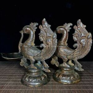 Pair 8 Old Bronze Copper Sculpture Auspicious Fortune Bird Phoenix Oil Lamp
