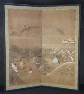 Antique Japan Genji Monogatari Byobu Wind Screen Painting 1680s Watercolor Panel
