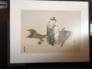 Antique Japanese Woodblock Print Parody Of Kinko Senin By Harunobu