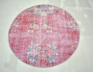 Red Vintage Handmade Rug Round Entry Mat 3 8x3 8ft Floral Faded Turkish Rug 